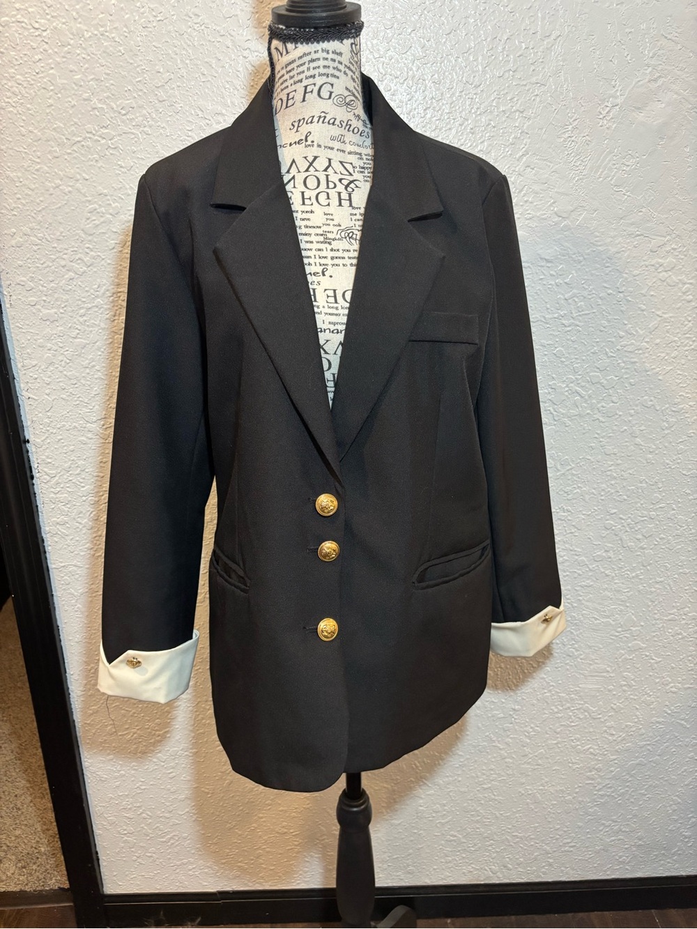 Black Blazer with Gold Buttons and Cream Contrast Cuffs